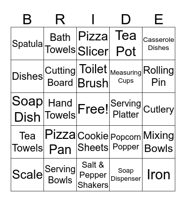 Kelly's Bridal Shower Bingo Card