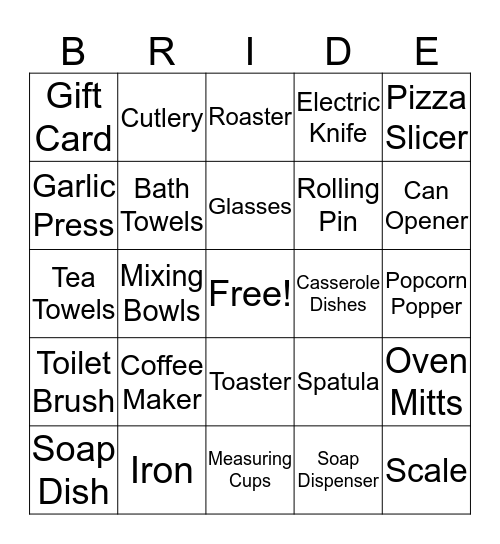 Kelly's Bridal Shower Bingo Card
