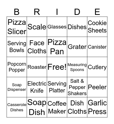 Kelly's Bridal Shower Bingo Card
