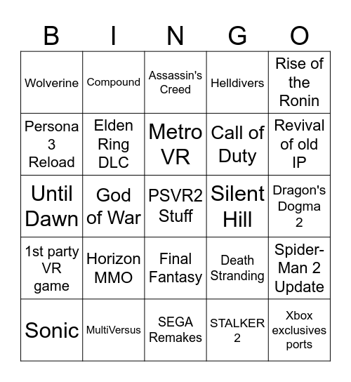Sony State of Play 2024 Bingo Card