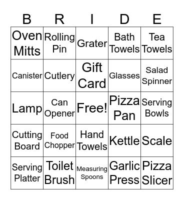 Kelly's Bridal Shower Bingo Card