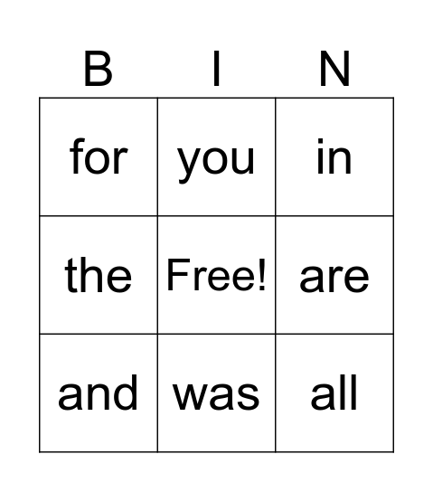 Snap Word Bingo Card
