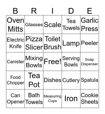 Kelly's Bridal Shower Bingo Card