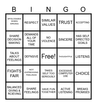 HEALTHY / UNHEALTHY RELATIONSHIPS Bingo Card