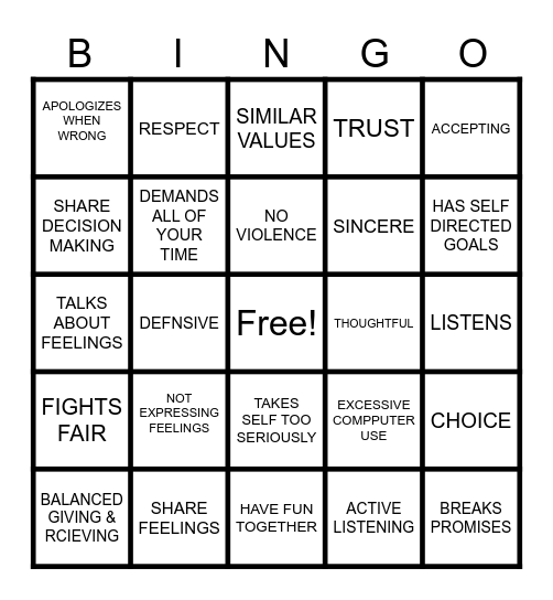 HEALTHY / UNHEALTHY RELATIONSHIPS Bingo Card