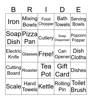 Kelly's Bridal Shower Bingo Card