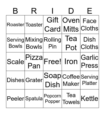 Kelly's Bridal Shower Bingo Card