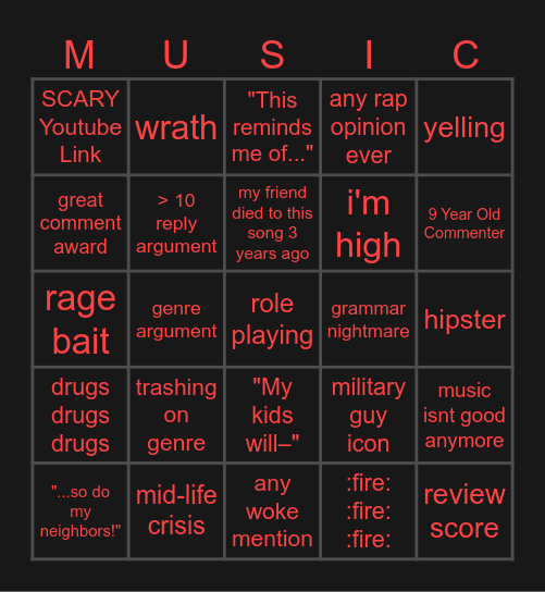 YOUTUBE MUSIC VIDEO COMMENTS Bingo Card