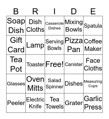 Kelly's Bridal Shower Bingo Card