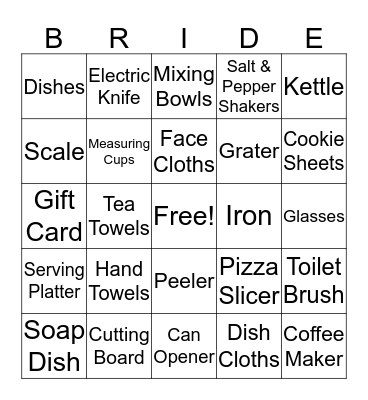 Kelly's Bridal Shower Bingo Card
