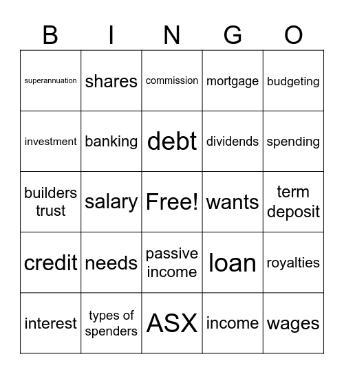 Dollars and Sense Bingo Card