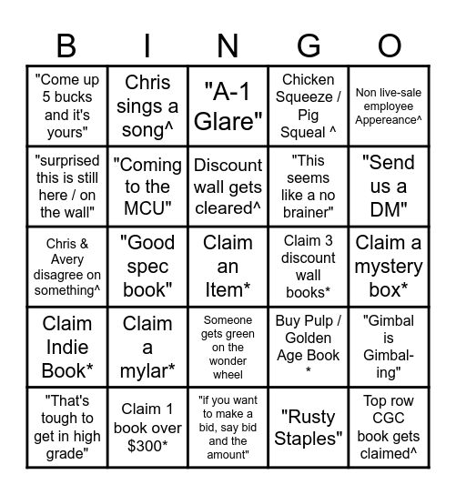 A-1 Comics Bingo Card