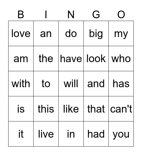 1G Words (Lessons 1-13) Bingo Card