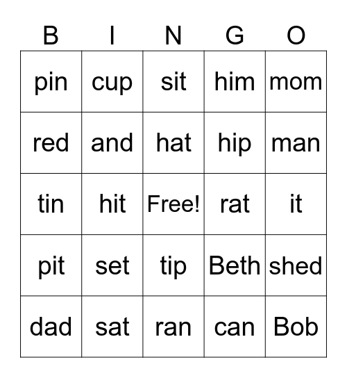 Short Vowel Sounds (CVC) Bingo Card