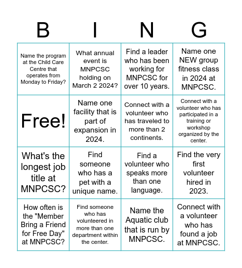 MNPCSC Human & Facility Bingo Card