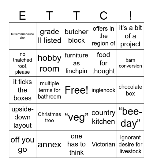 Escape To The Country Bingo Card