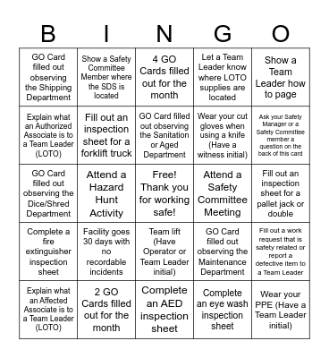 Safety 1st Quarter Bingo Card