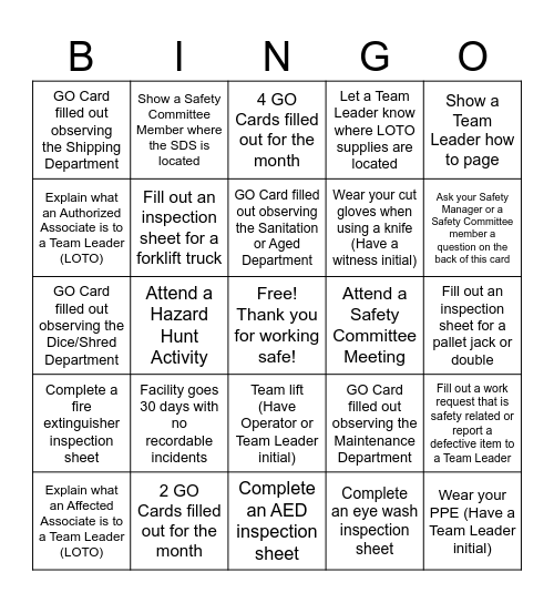 Safety 1st Quarter Bingo Card