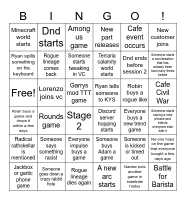 Casual Cafe Bingo Card