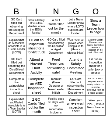 Safety 1st Quarter Bingo Card