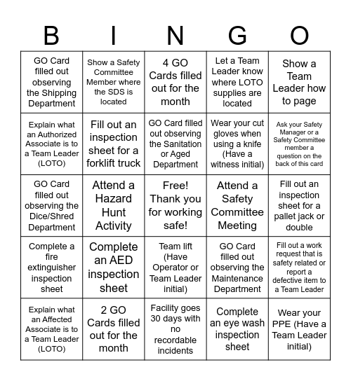 Safety 1st Quarter Bingo Card