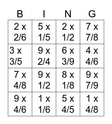 Fraction Multiplication Bingo Card