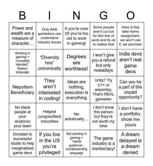 Gamedev Gatekeeping Bingo Card