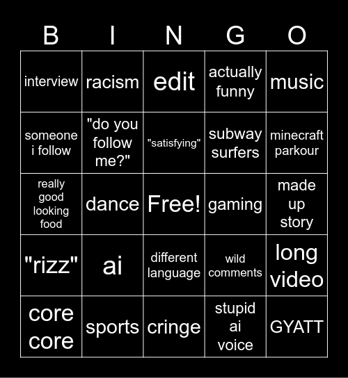 titktok Bingo Card