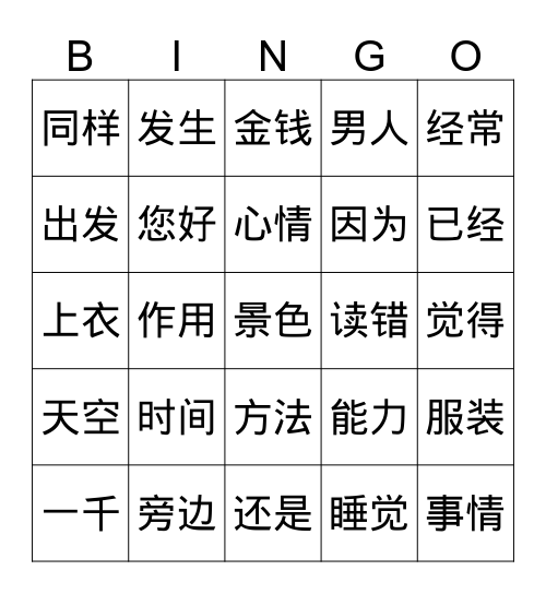 CNEC Characters L25-30 Bingo Card