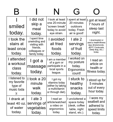 Wellness Bingo Card