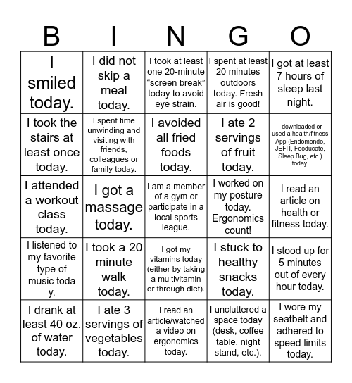 Wellness Bingo Card