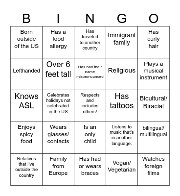 Diversity Bingo Card