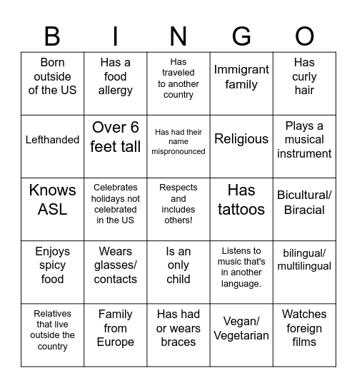 Diversity Bingo Card