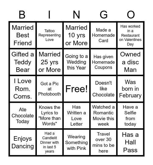 Reaching for the Stars Valentine's Bingo Card