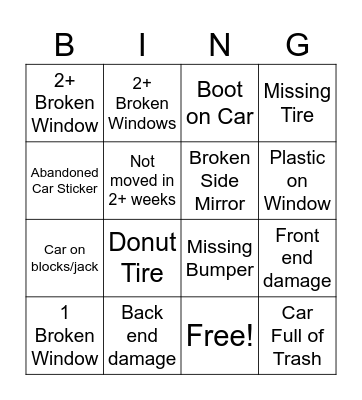 Trash Car Bingo Card