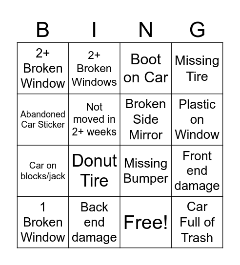 Trash Car Bingo Card