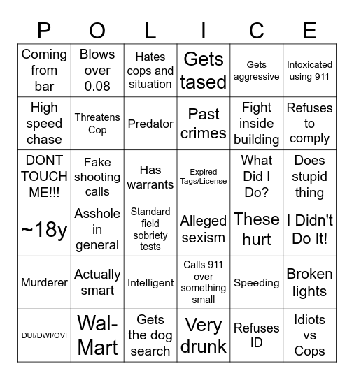 Police bodycam footage bingo 6x6 Bingo Card