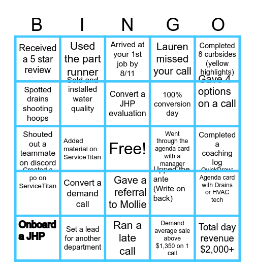 Plumbing Service Bingo Card