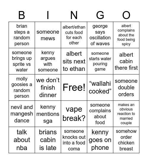 dinner bingo Card