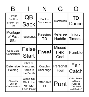 Superbowl Bingo Card