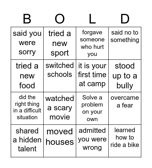 Courage Bingo Card