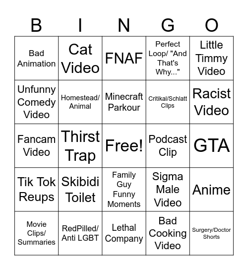 YT Shorts Bingo Card