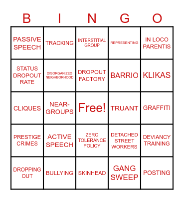 Gangs and Schools Bingo Card
