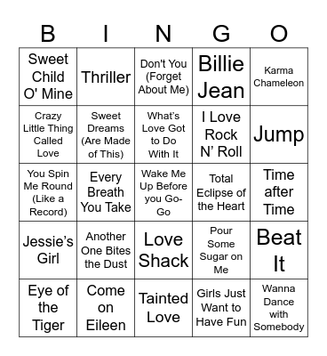 80's HITS Bingo Card