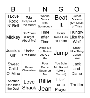 80's HITS Bingo Card