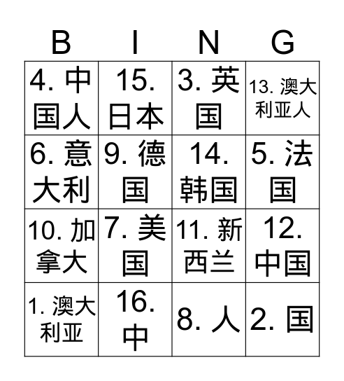 Countries 国家 Guó jiā Bingo Card