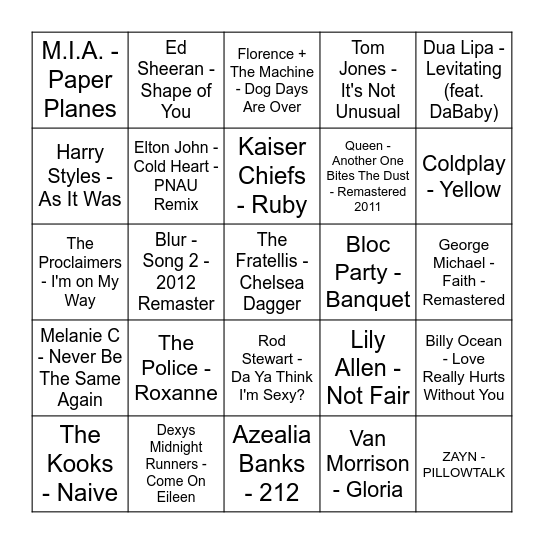 Best of the Britts Bingo Card