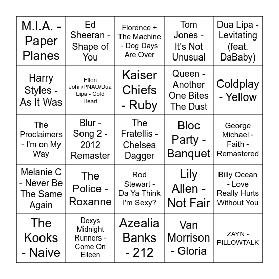 Best of the Britts Bingo Card