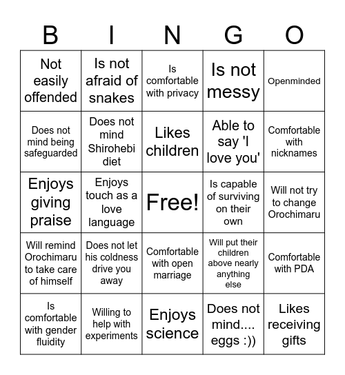 Are you suitable to be taken as Orochimaru's partner? Bingo Card