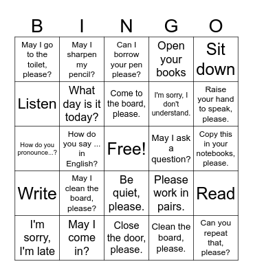 Classroom Language Bingo Card